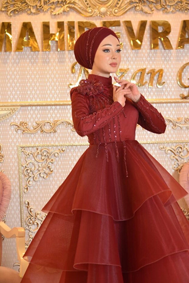 Dicle Bordo Abiye Elbise - 3