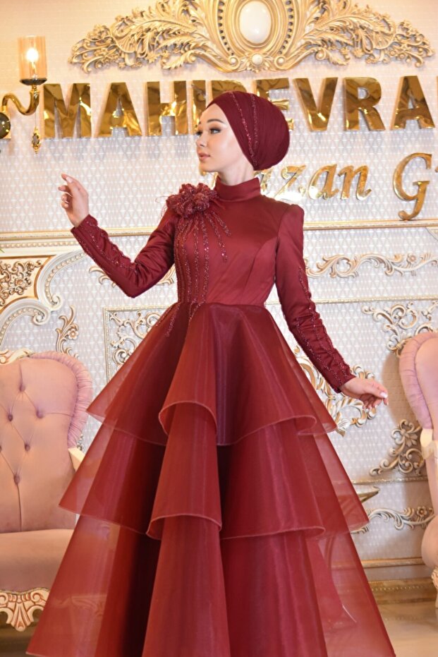 Dicle Bordo Abiye Elbise - 5