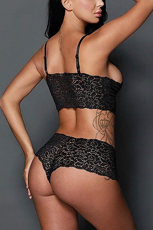 Kadın Siyah Şortlu Dantelli Bralet Takımı - 5