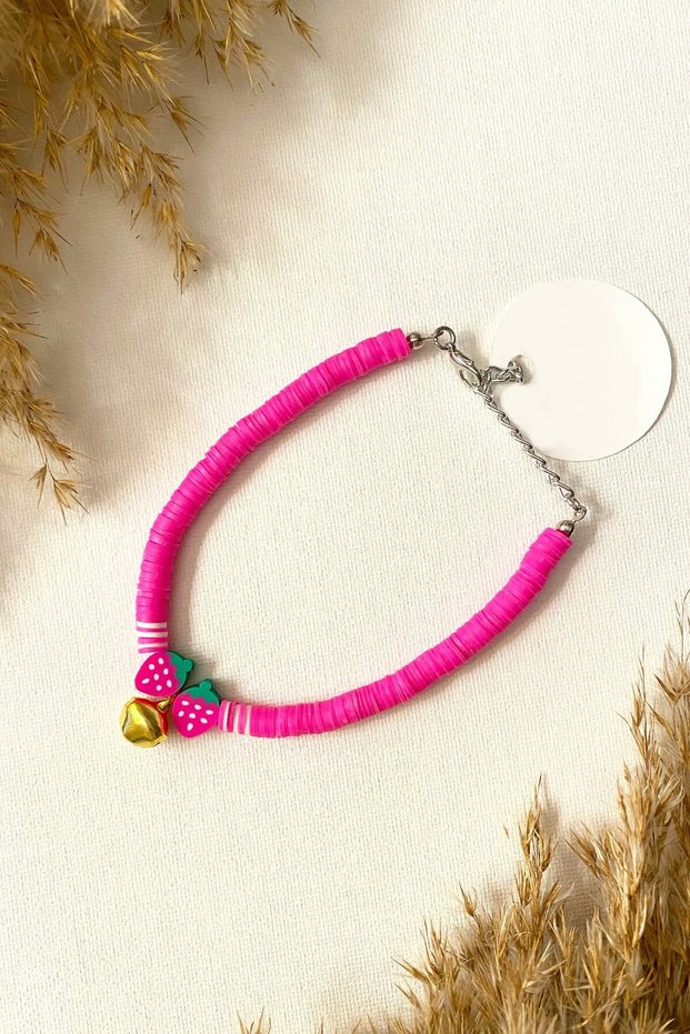 Cat Collar Cat Necklace with Bell and Strawberry Detail Adjustable Pink
