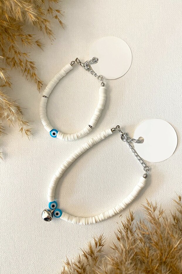 Cat Collar Cat Necklace with Bell Evil Eye Beaded Bracelet Set White
