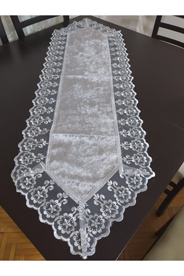 Runner Velvet Fabric Lace Edge Gray Color 40x135cm
