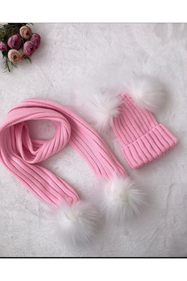 Girl's Pink Pompom Scarf Beanie Set