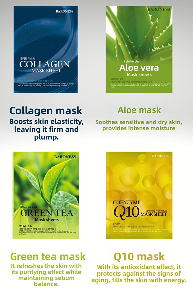 Four-Pack Care Set 4-Pack Korean Mask Set Aloe Vera - Coenzyme Q10 - Collagen - Green Tea Ikore