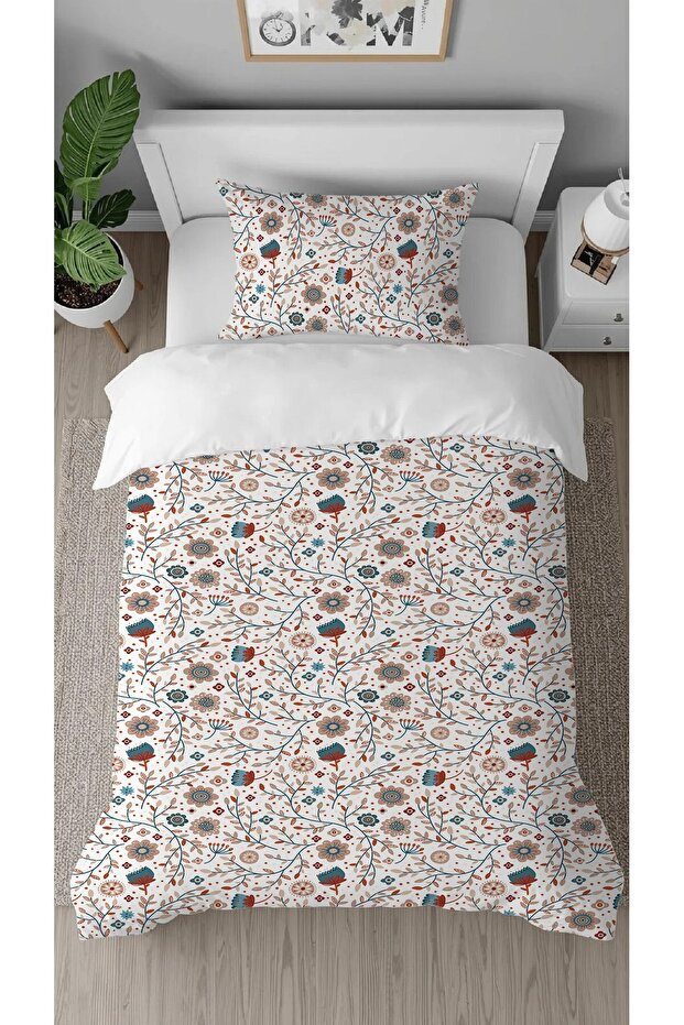 Flowers Anatolian Motif Pattern Printed Special Design Single Person Simple Style Stylish Duvet Cover Set Without Sheets