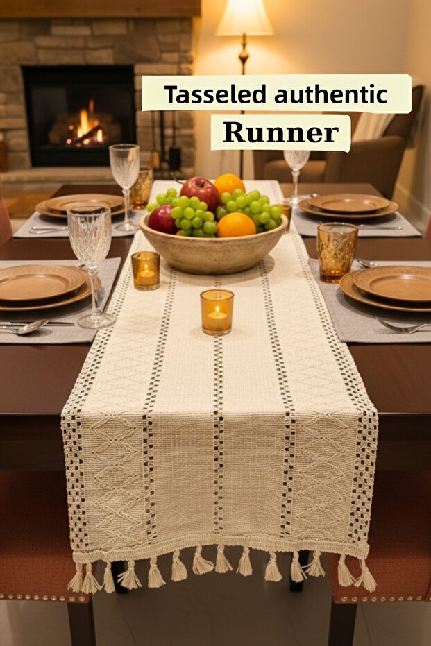 طقم زينة بوهيمي أصيل بنمط RunnerBohem مع شراشيب مقاس 35×140 سم - 3