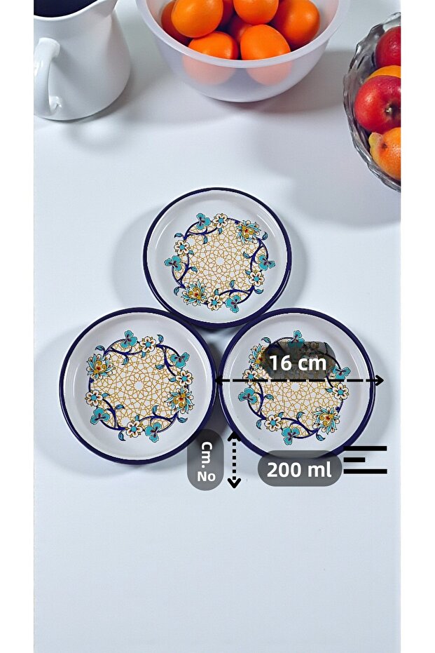 16 cm 3 Piece Enamel Plate, Coffee Plate for 3 People, Service Plate, Snack Plate, Gift
