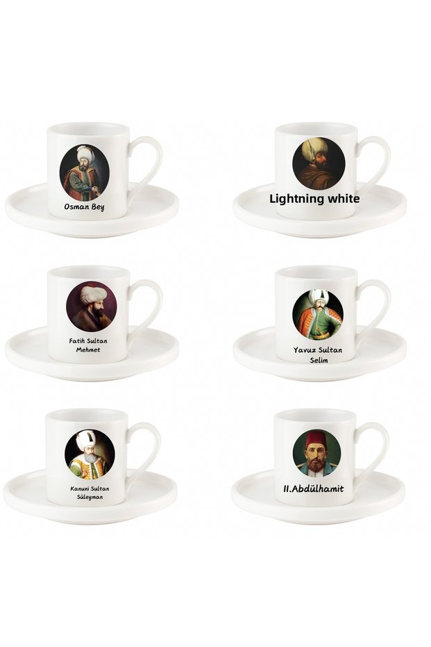 Ottoman Sultans Themed 6-Piece Porcelain Coffee Cup Set Gift Set of Osman Gazi, Yavuz, and Abdülhamid