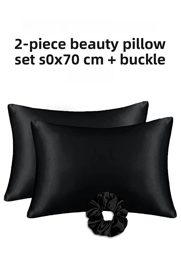 Pillowcase That Reduces Hair Breakage, 2 Pieces, 50X70Cm, 1 Piece with Satin Buckle, Black
