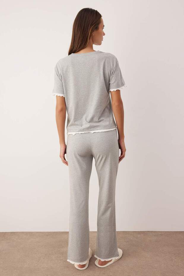 Gri Melanj Pamuklu Çift Katlı Fırfırlı Örme Pijama Takımı THMAW26PT00125 - 4