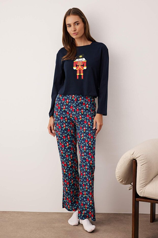 Lacivert %100 Pamuklu Yılbaşı Temalı Örme Pijama Takımı THMAW23PT00318 - 1