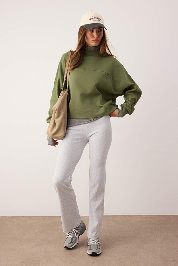 Haki Oversize/Geniş Kalıp Dik Yaka Kalın İçi Polarlı Örme Sweatshirt TWOAW26SW00205 - 2