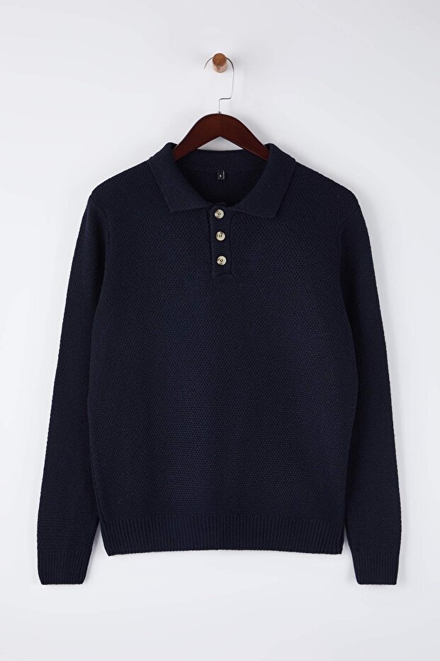 Lacivert Regular Polo Yaka Düğmeli Düz Kazak TMNAW26KZ00010 - 4