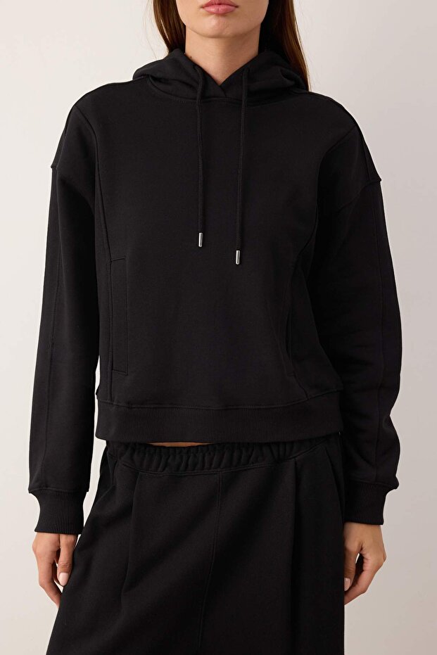 Siyah Oversize/Geniş Kalıp Kalın İçi Polarlı Örme Sweatshirt TWOAW26SW00209 - 3