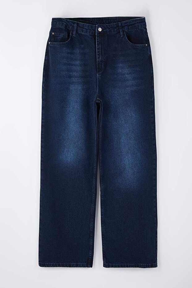 Gece Mavisi Yüksek Bel Geniş Paça Büyük Beden Wide Leg Jeans TBBAW26CJ00040 - 5