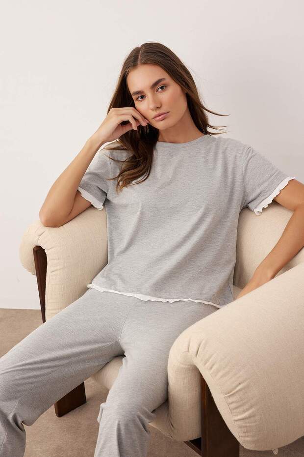 Gri Melanj Pamuklu Çift Katlı Fırfırlı Örme Pijama Takımı THMAW26PT00125 - 2