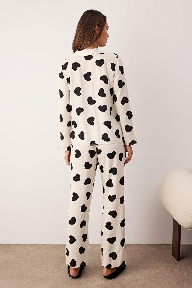 Kadın Mini Me/Anne Kız Ekru Kalpli Viskon Dokuma Pijama Takımı THMAW21PT0936 - 6
