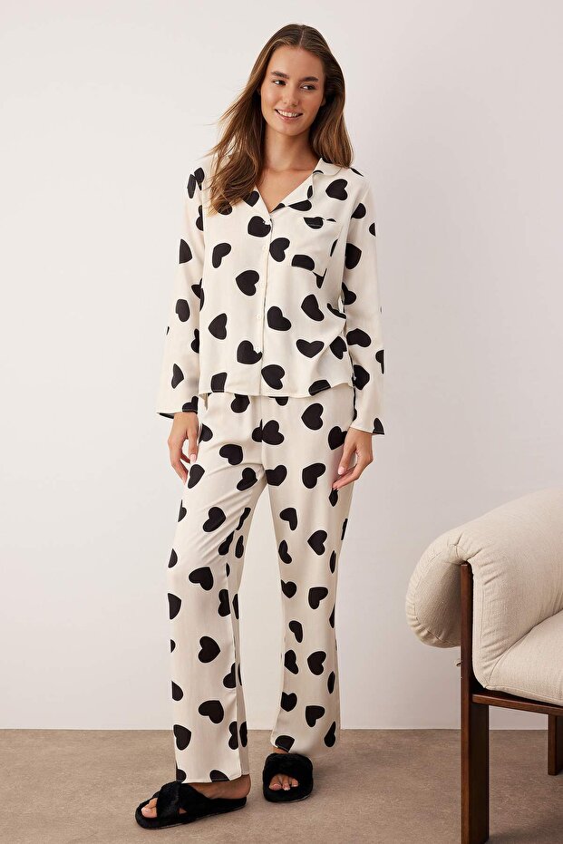 Kadın Mini Me/Anne Kız Ekru Kalpli Viskon Dokuma Pijama Takımı THMAW21PT0936 - 3