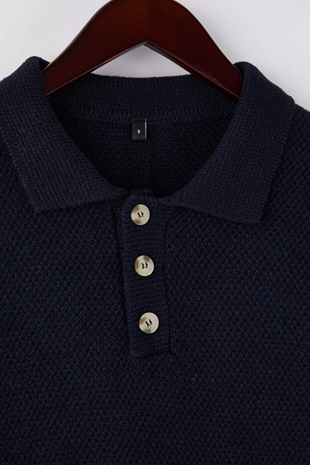 Lacivert Regular Polo Yaka Düğmeli Düz Kazak TMNAW26KZ00010 - 5