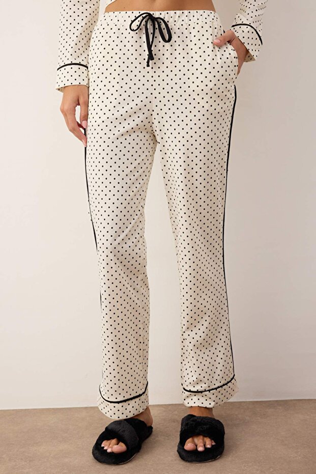 Beyaz %100 Pamuklu Puantiye Desenli Biyeli Örme Pijama Takımı THMAW26PT00158 - 3
