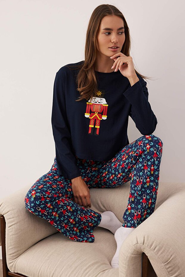 Lacivert %100 Pamuklu Yılbaşı Temalı Örme Pijama Takımı THMAW23PT00318 - 2