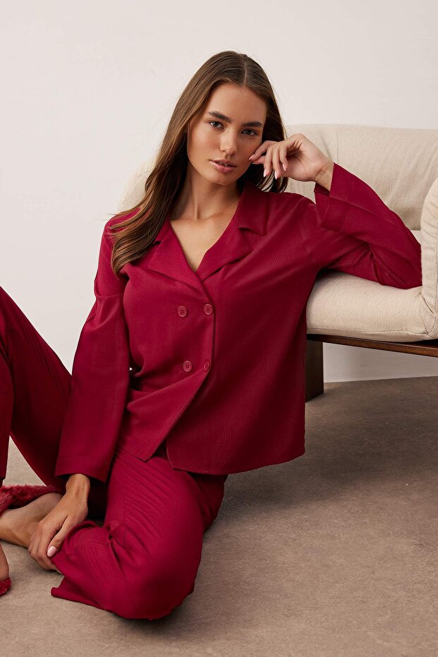 Trendyolmilla  Bordo Düğmeli Viskon Dokuma Pijama Takımı THMAW26PT00147 - Görsel 2