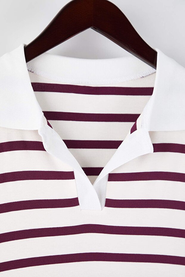 Bordo Polo Yaka Çizgili Crop Boy Örme Büyük Beden Bluz TBBAW26AF00109 - 7