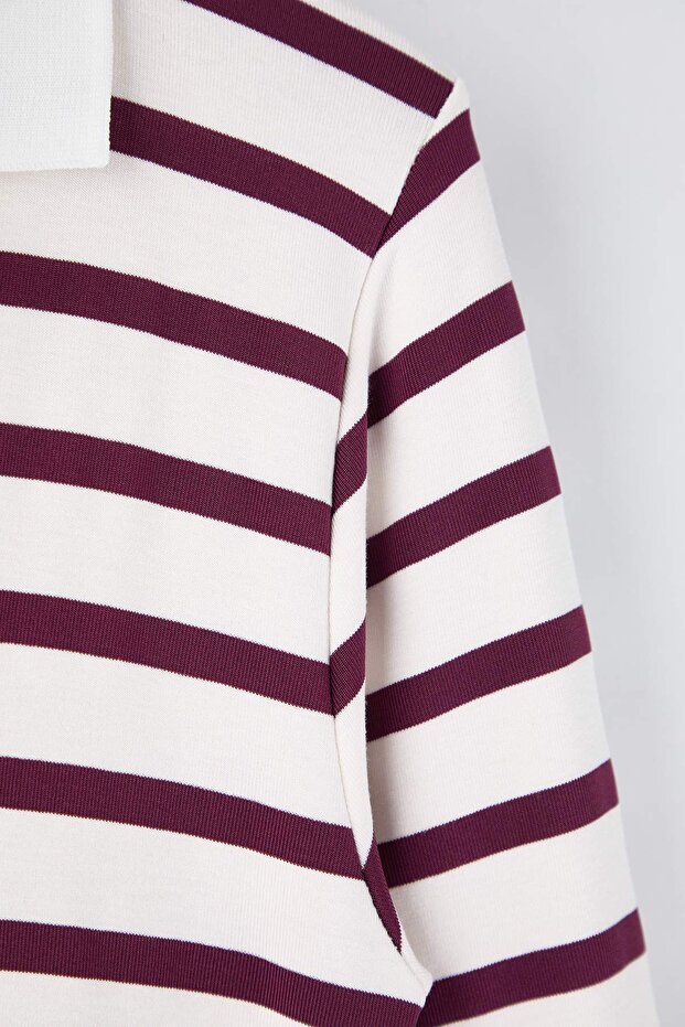 Bordo Polo Yaka Çizgili Crop Boy Örme Büyük Beden Bluz TBBAW26AF00109 - 6