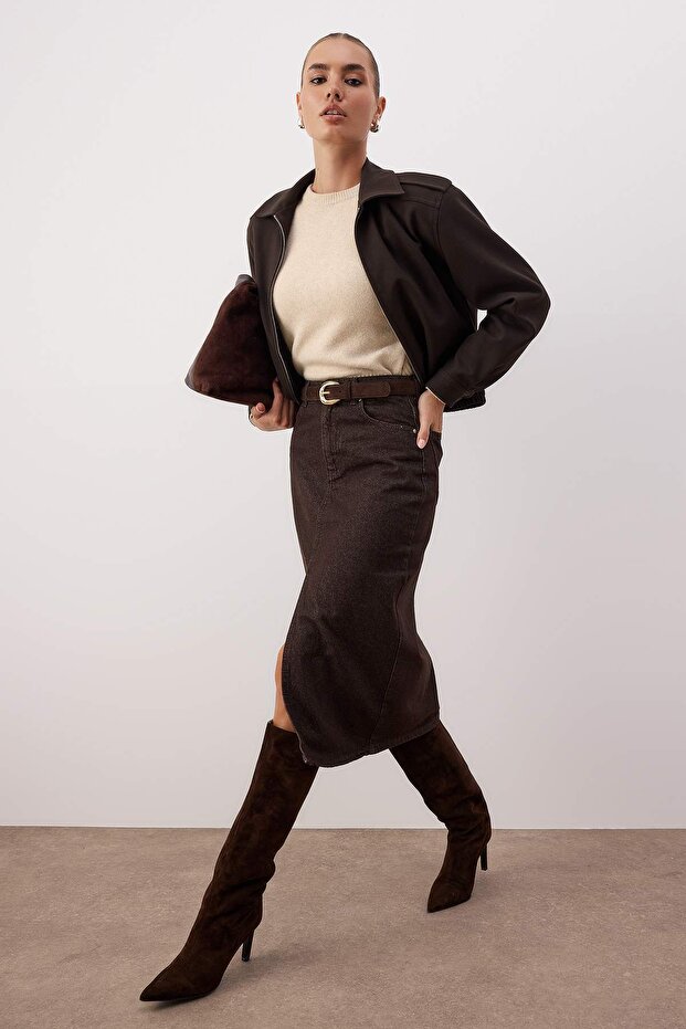 Kahverengi Denim Midi Etek TWOAW26ET00140 - 4