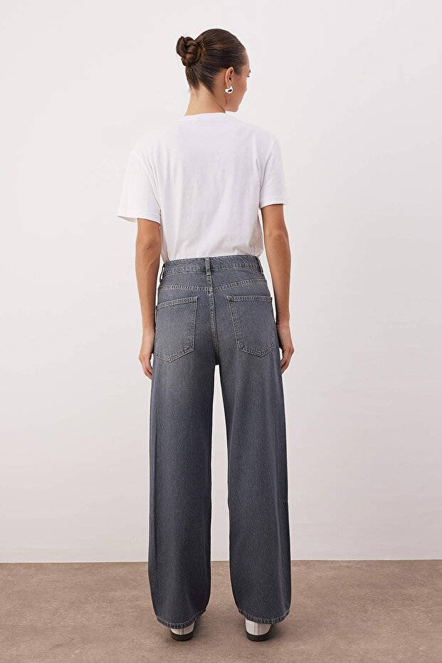 Gri Yüksek Bel Baggy Wide Leg Rahat Geniş Paça %100 Pamuklu Jeans TWOAW26JE00239 - 4
