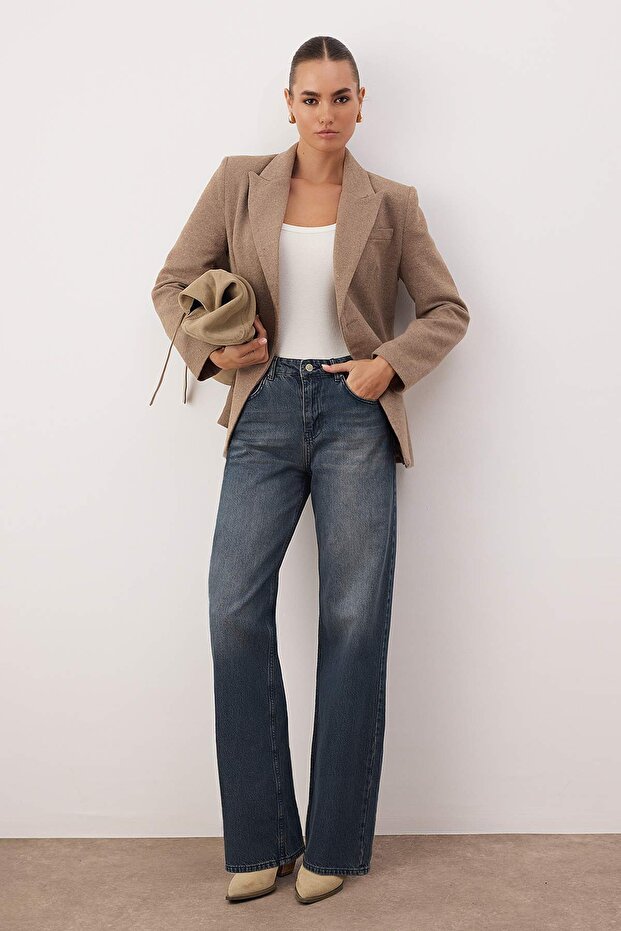 Koyu Mavi Yüksek Bel Geniş Paça Wide Leg Jeans TWOAW26JE00119 - 1