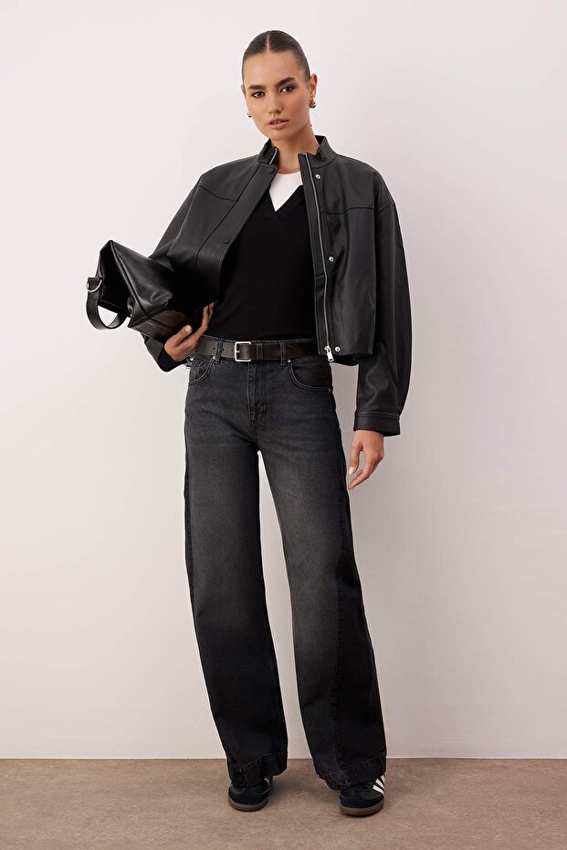 Antrasit Yüksek Bel Renk Bloklu Wide Leg Jeans TWOAW26JE00099 - 1
