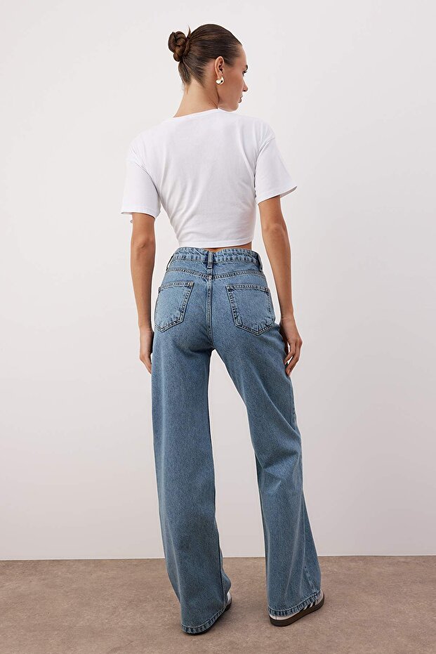 Mavi Kemerli Yüksek Bel Wide Leg Jeans TWOAW26JE00274 - 4