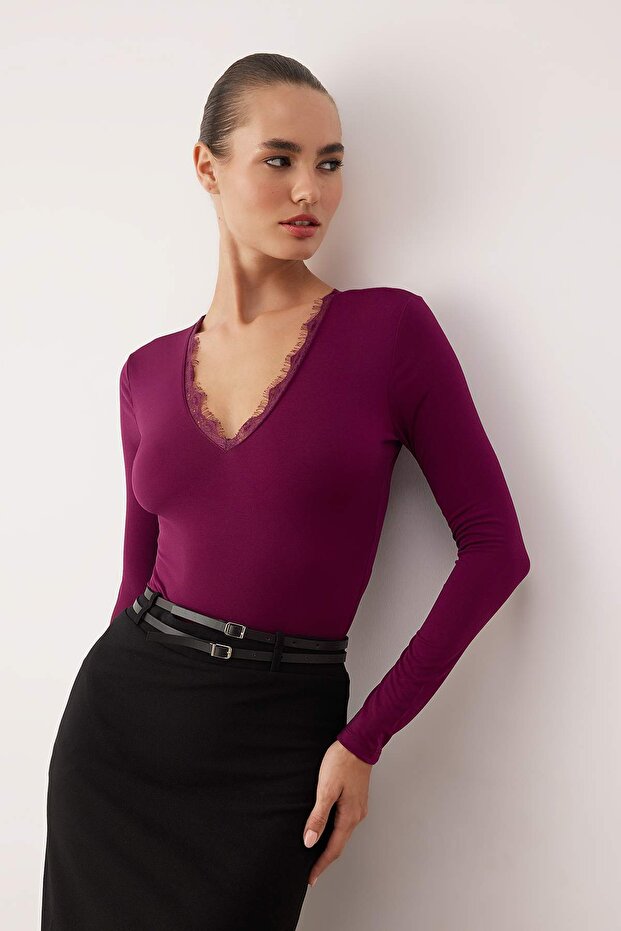 Mürdüm Örme Danteli Yaka Detaylı Body TPRAW25BD00007 - 2