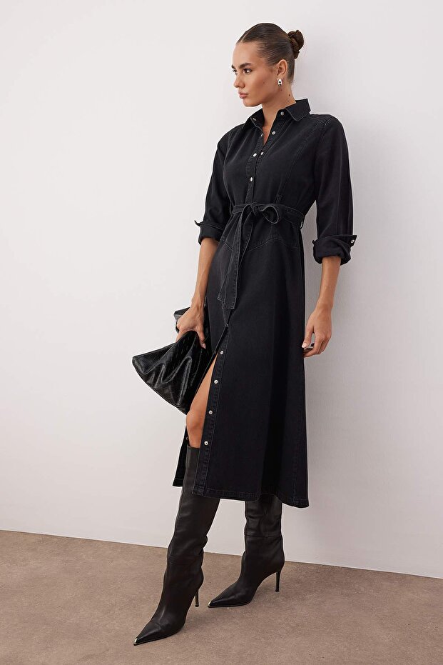Siyah Kemer Detaylı Maxi Denim Elbise TWOAW26EL00044 - 2