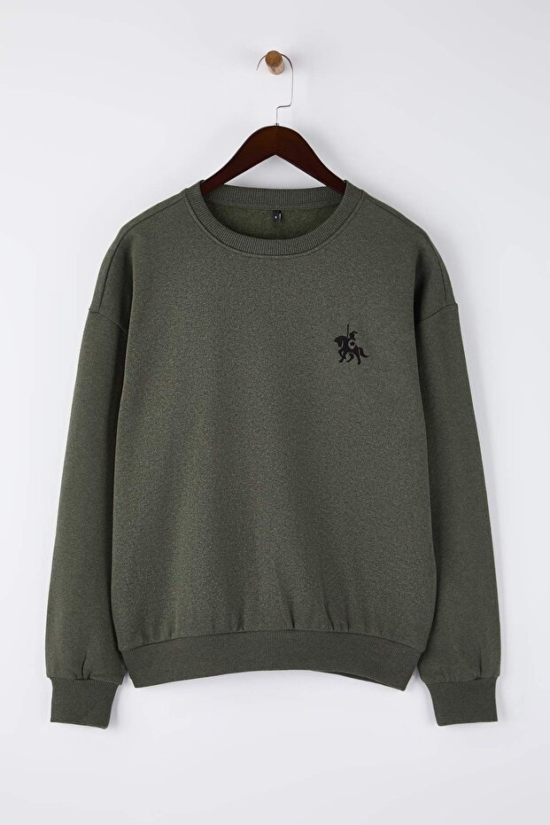 Haki Oversize/Geniş Kesim Uzun Kol At Nakışlı Sweatshirt TMNAW24SW00164 - 5