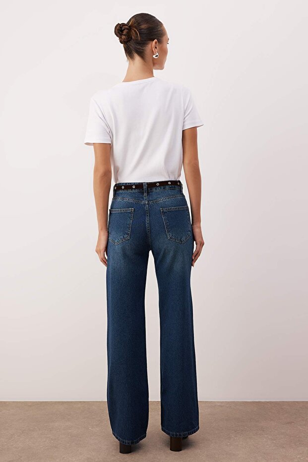 Koyu Mavi Kemerli Yüksek Bel Wide Leg Jeans TWOAW26JE00253 - 4