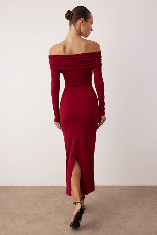 Burgunderrotes, gestricktes Midi-Kleid mit Kragendetail, ungefüttert, stilvoll/Abendkleid TPRAW26EL00038 - 4