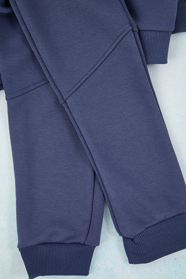 Indigo Pamuklu Düz Dik Yaka Oversize Unisex Çocuk Örme Alt - Üst Takım TKDAW26AU00025 - 3