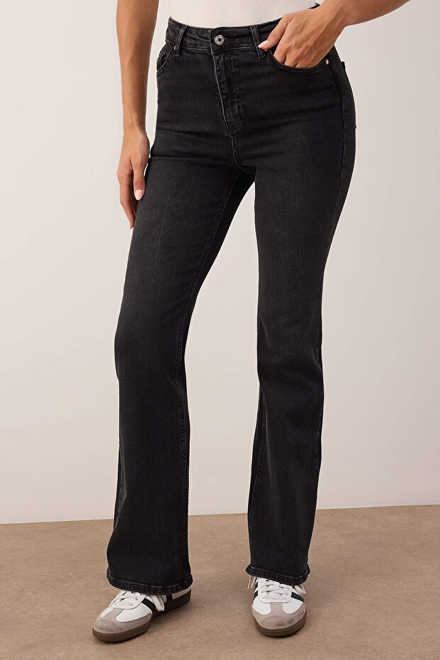Antrasit Yüksek Bel Comfort/Esnek İspanyol Paça Flare Jeans TWOAW26JE00095 - 3
