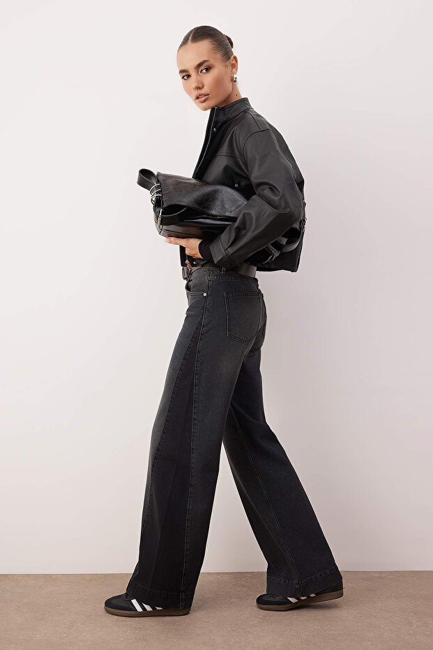 Antrasit Yüksek Bel Renk Bloklu Wide Leg Jeans TWOAW26JE00099 - 2