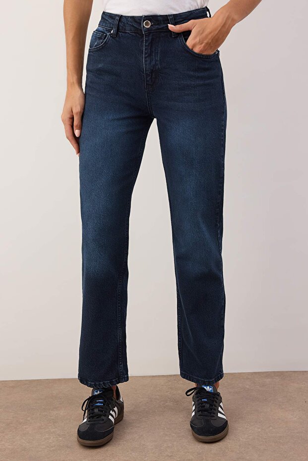 Koyu Mavi Yüksek Bel Comfort/Esnek Straight Jeans TWOAW26JE00256 - 3
