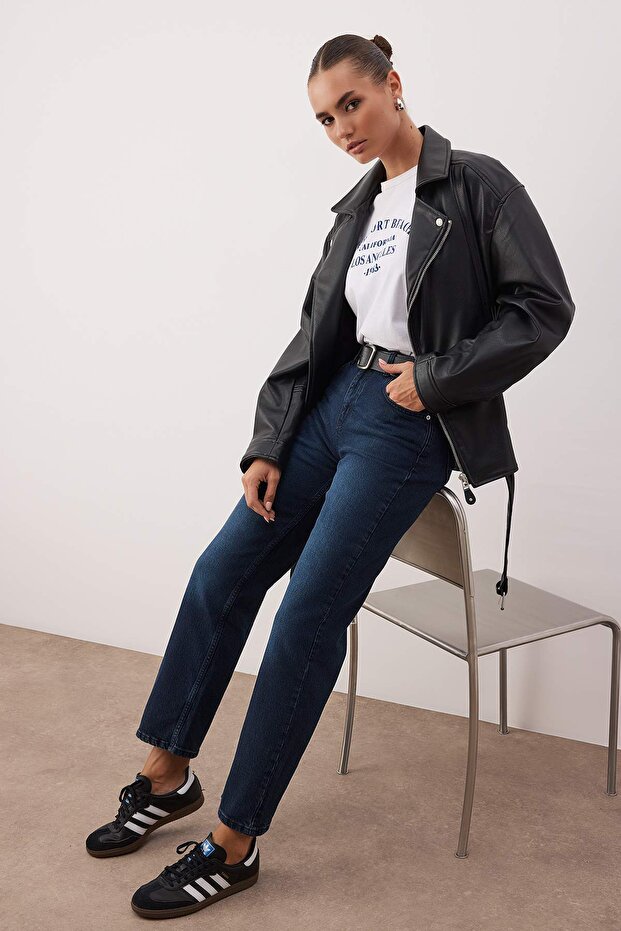 Koyu Mavi Yüksek Bel Comfort/Esnek Straight Jeans TWOAW26JE00256 - 2