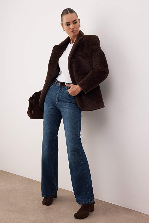 Koyu Mavi Kemerli Yüksek Bel Wide Leg Jeans TWOAW26JE00253 - 3