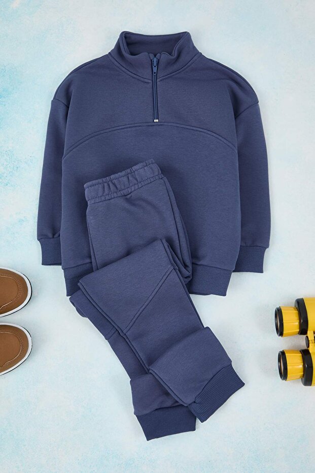 Indigo Pamuklu Düz Dik Yaka Oversize Unisex Çocuk Örme Alt - Üst Takım TKDAW26AU00025 - 2