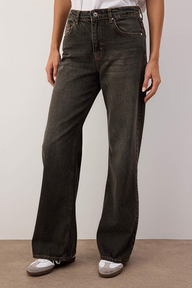 Antrasit Yüksek Bel Vintage Yıkama Geniş Paça Wide Leg Jeans TWOAW26JE00124 - 1