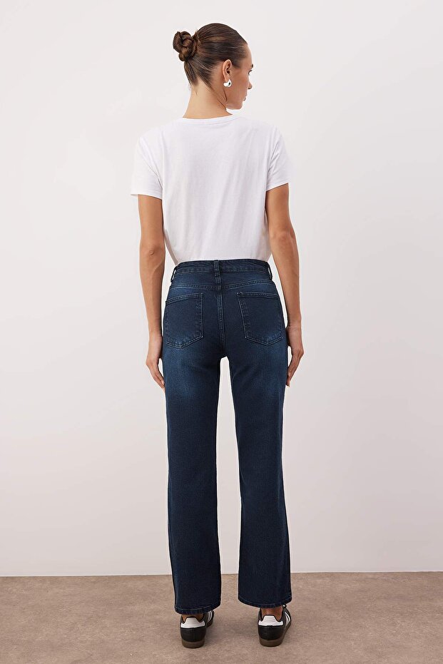 Koyu Mavi Yüksek Bel Comfort/Esnek Straight Jeans TWOAW26JE00256 - 4
