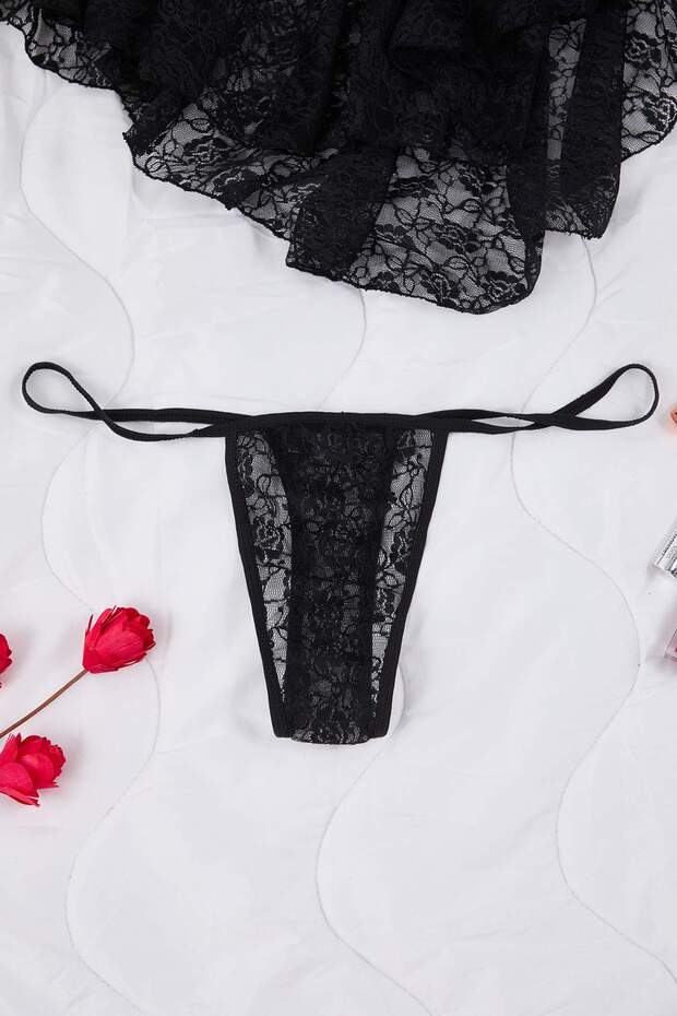 Siyah Pencere/Cut Out Detaylı Külotlu Dantelli Kapsız Örme Babydoll/Fantezi Gecelik TBBAW26DH00002 - 3