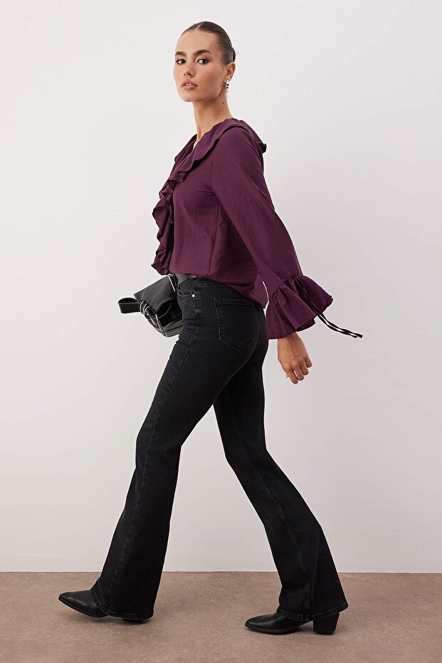 Antrasit Yüksek Bel Comfort/Esnek Flare Jeans TWOAW25JE00096 - 2