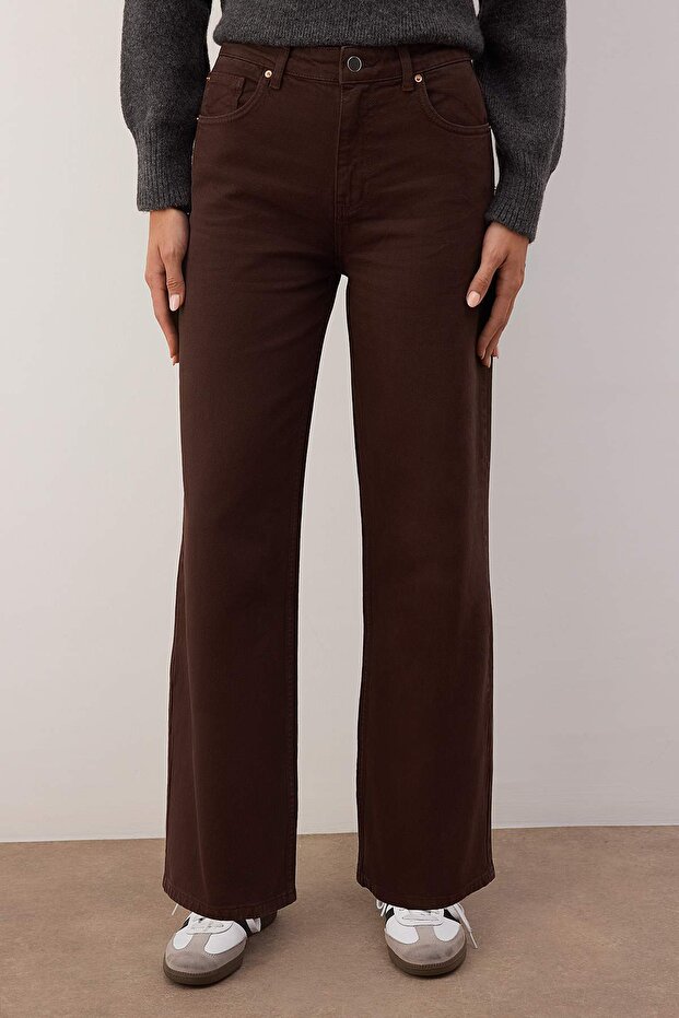 Koyu Kahverengi Yüksek Bel Bilek Boy Culotte %100 Pamuklu Jeans TWOAW26JE00190 - 3